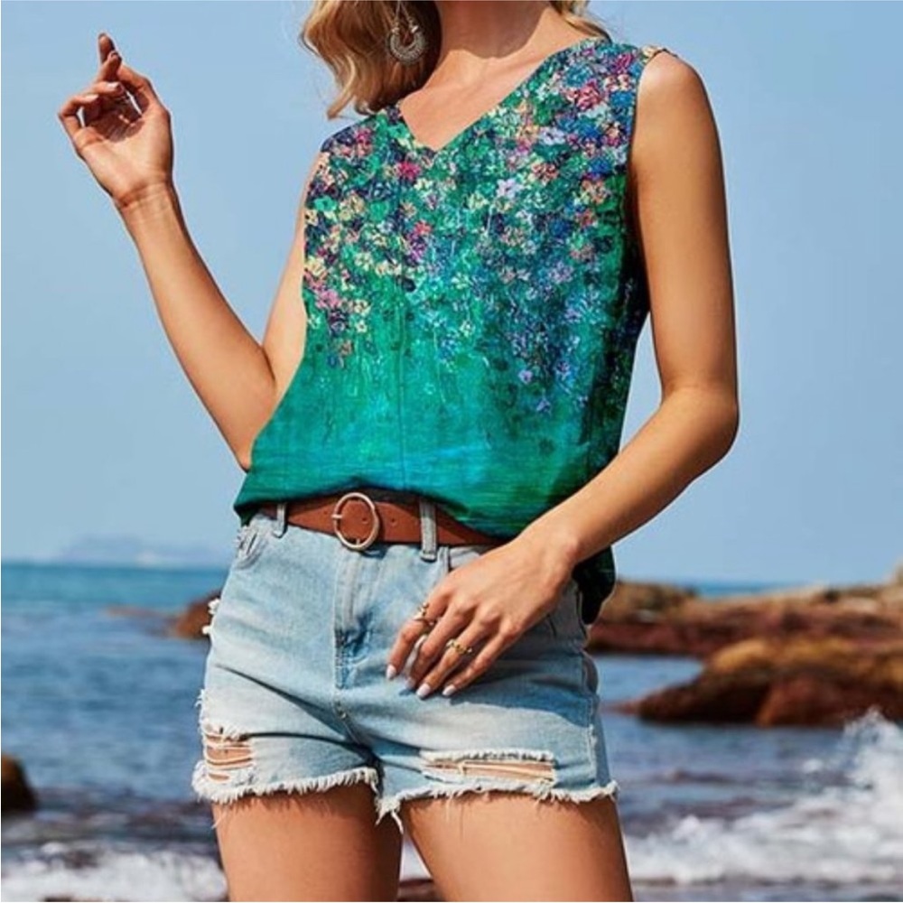 ☀️Green floral sleeveless top spring tank top NWT
